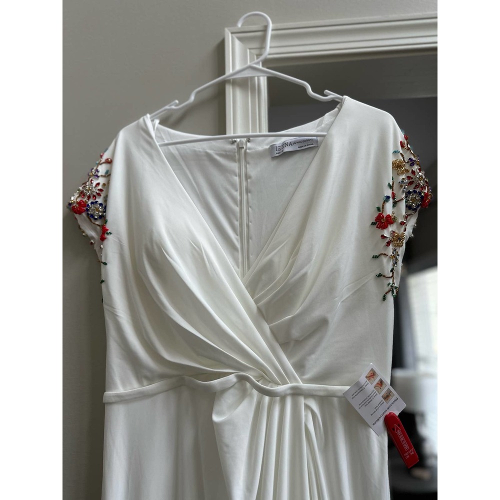 Mac Duggal Embelished Sleeve Jersey Wrap Gown White Size 10 - Picture 5 of 9
